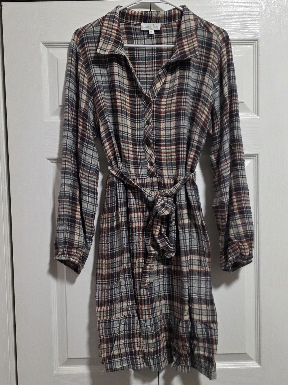 Grace & Lace Plaid Button-Front Long Sleeve Dress in Brown, Gray, and Cream
